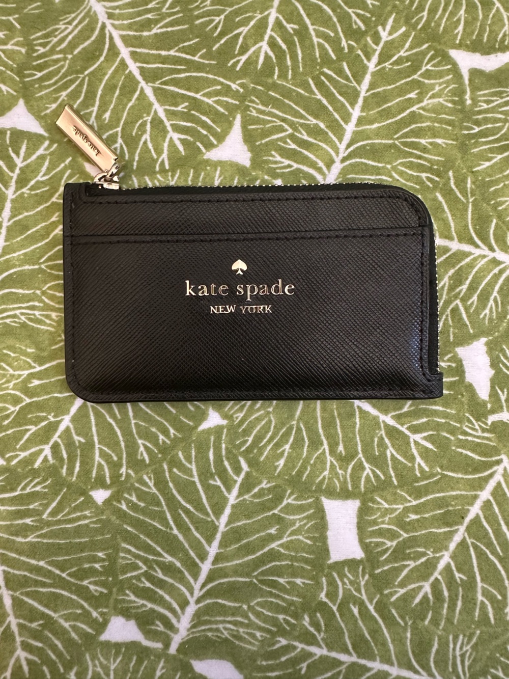 kate spade black leather zipper card wallet with gold hardware